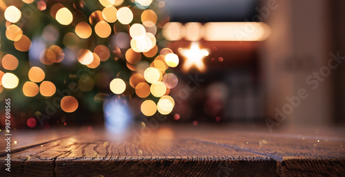 Wooden background with blur effect. Christmas tree and garland lights