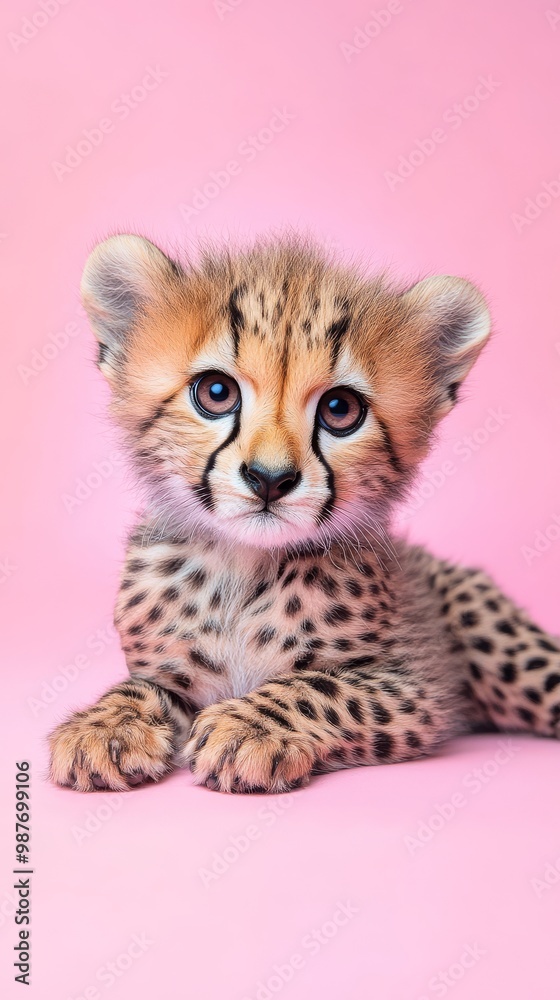 Obraz premium Cute Cheetah Cub on Pink Background.