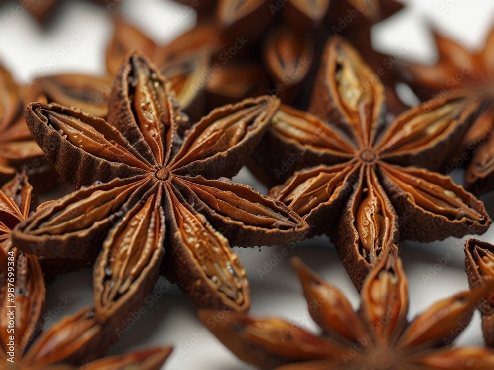 A close-up of several star anise pods with seeds visible, set against a blurred background, highlighting their unique star-shaped form. AI generated.
A close-up of several star anise pods with seeds visible, set against a blurred background, highlighting their unique star-shaped form. AI generated.