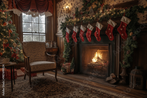 Classic holiday fireplace with stockings, pine garlands, and twinkling lights. A bright fire creates a warm atmosphere next to a comfortable chair with hot cocoa. 