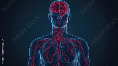 Detailed Human Circulatory System Diagram with Veins and Arteries Mapped on Simple Background for Educational Purposes