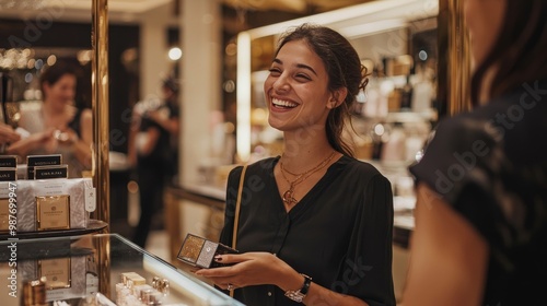 A happy customer enjoying a members-only event in a luxury store, with personalized gifts and attentive staff, showcasing the exclusive and valued experience of membership photo