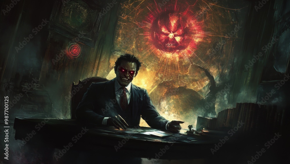 Evil man with red eyes sits at desk with skull Evil man with red eyes sits at desk with skull