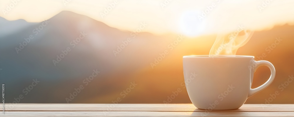 Serene Sunrise Over Mountains - Enjoying Peaceful Sips of Coffee in Natures Glow Capturing Tranquility and Calmness in a Breathtaking Landscape View Serene Sunrise Over Mountains - Enjoying Peaceful Sips of Coffee in Natures Glow Capturing Tranquility and Calmness in a Breathtaking Landscape View