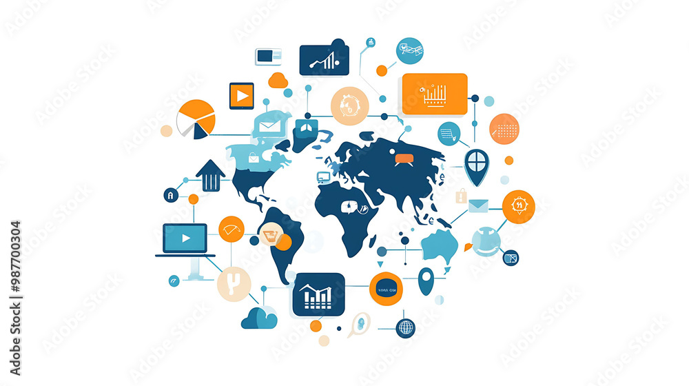 World map with connected icons showing global network. World map with connected icons showing global network.