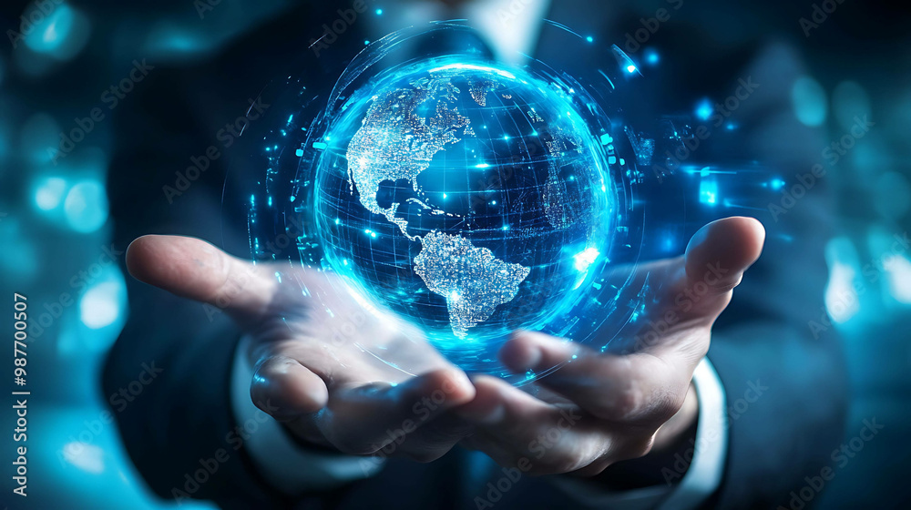 A businessman holds a digital globe in his hands, representing global connection and technology. A businessman holds a digital globe in his hands, representing global connection and technology.