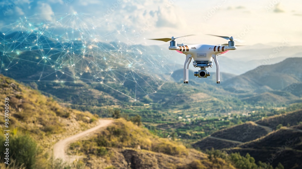 Fototapeta premium Futuristic Exploration: AI-Powered Drone Mapping Remote Area in Real-Time
