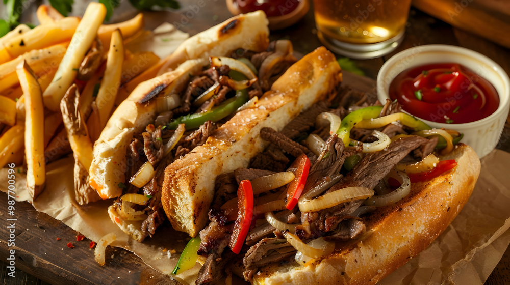 Steak Sandwich with French Fries and Ketchup Steak Sandwich with French Fries and Ketchup