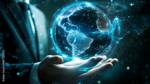 Man in a suit holds a glowing digital globe in his hands. photo