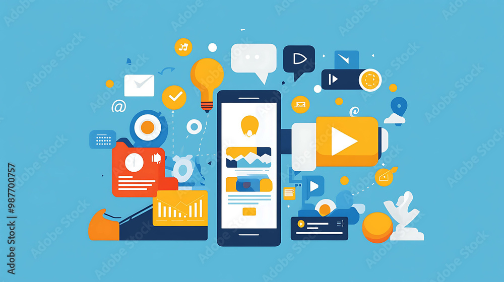 A smartphone surrounded by various icons representing online services. A smartphone surrounded by various icons representing online services.