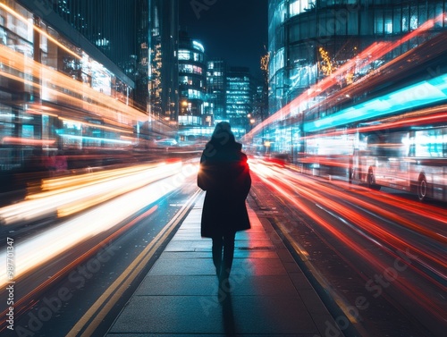 A person walks down a vibrant city street at night, surrounded by colorful light trails from passing vehicles.