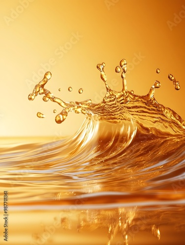 Crystal-clear droplet, suspended in time, creates a mesmerizing splash of golden liquid, ripples spreading outward like abstract waves photo