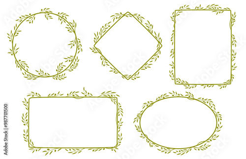 Olive leaf frames, vector set of delicate, elegant borders for invitation, photo frame or menu. Round, oval, rhombus and rectangular decorative elements with a touch of nature in Mediterranean style