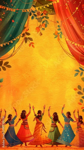banner background of Navratri Day, a vibrant portrayal of a traditional dance group practicing their moves against a backdrop of colorful drapes and decorations, 