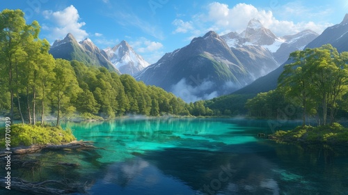 lake surrounded by snow-capped mountains, soft morning light reflecting on the calm water