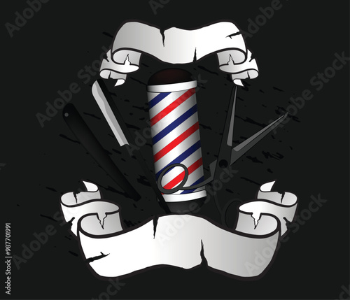 Vintage barbershop tools logo with banner surrounding a classic barber pole