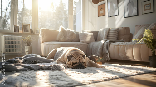 Sleeping Pug on a Cozy Couch in a Sunny Living Room