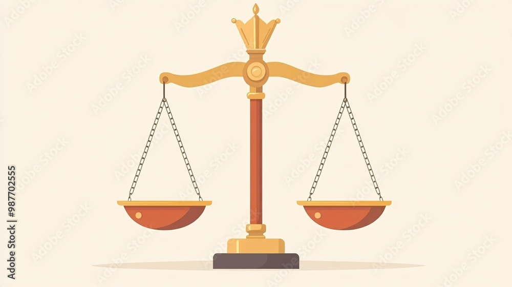 Balance of Authority: Scales of Justice Symbolizing Equality with Crown, Flat Design Illustration