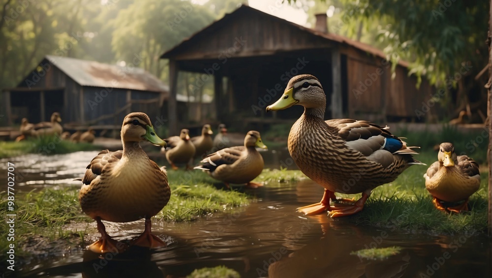 Fototapeta premium Duck Farm Scene. Lively gathering of ducks near pond, framed by rustic barns and lush greenery. Perfect simplicity of countryside living, poultry farming, and harmonious between nature and agriculture