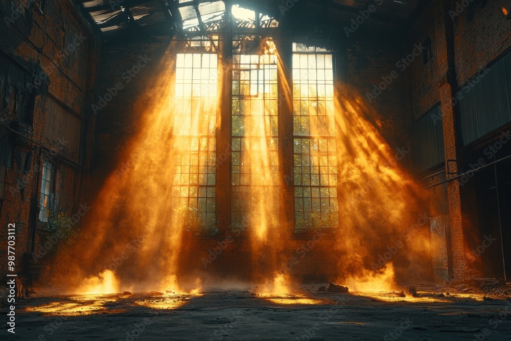 Naklejka premium Sunbeams Illuminating a Dusty Abandoned Factory