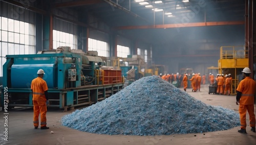 Industrial plastic recycling facility interior. Workers in uniforms oversee machinery. Pile of shredded blue plastic on floor. Sunlight streams through windows. Modern recycling technology in action