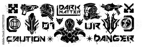 Retro futuristic streetwear print set, vector space grunge illustration y2k cyber alien sticker pack. Astronaut helmet, spacegun silhouette, caution danger sign, techno sci-fi. Futuristic streetwear