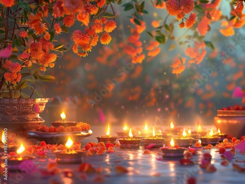 banner background of Navratri Day  [A serene temple setting with a beautifully lit backdrop of candles, flowers, and sacred offerings, symbolizing the spiritual significance of Navratri] 