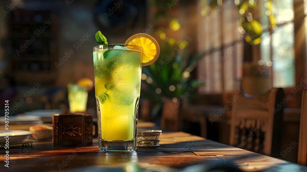 Obraz Refreshing Lemonade with Mint and Orange Slice on a Wooden Table