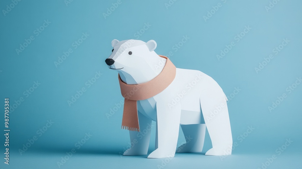 Fototapeta premium Polar bear with scarf paper cut on blue background ideal for winter-themed children’s book illustrations or nature visuals