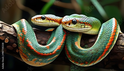 Arboreal Red-tailed Green Ratsnake Gonyosoma oxycephalum in its natural Southeast Asian habitat photo