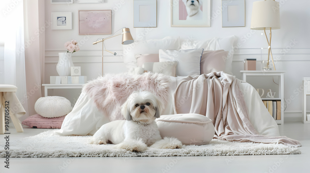 Adorable White Dog Relaxing in a Cozy Bedroom Adorable White Dog Relaxing in a Cozy Bedroom