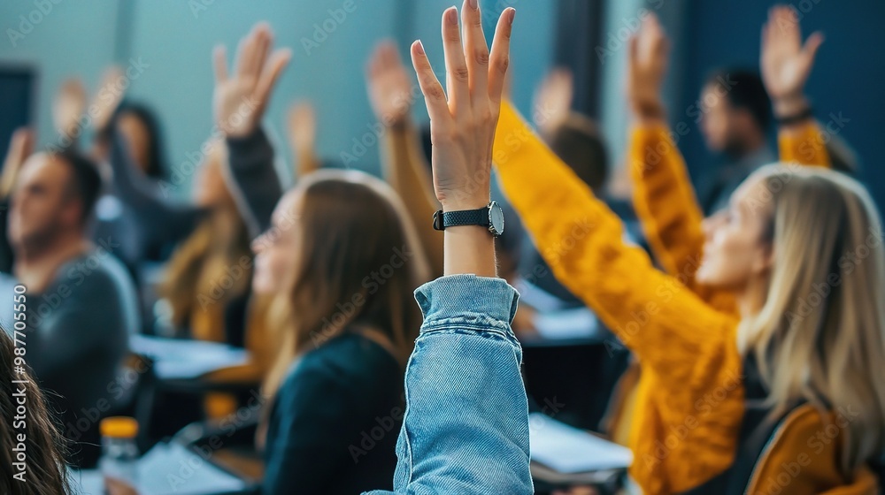 Fototapeta premium Hands Raised, Minds Engaged: A classroom filled with eager students, hands raised in a sea of vibrant color, signifies a thirst for knowledge and active participation.