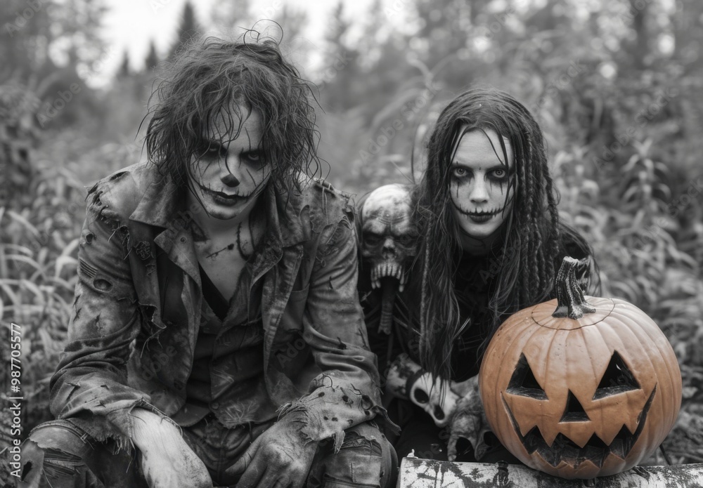 Spooky halloween characters in forest Spooky halloween characters in forest