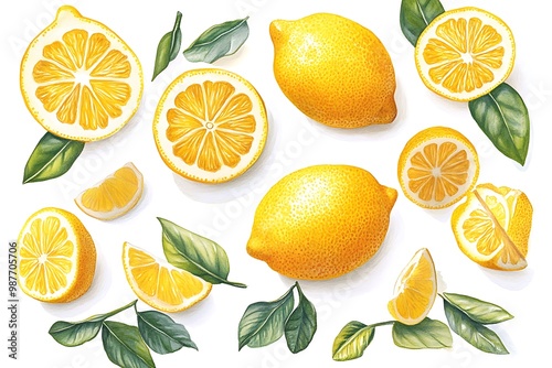 Lemon Illustration Set, Whole, Sliced, and Leaves, Watercolor Style