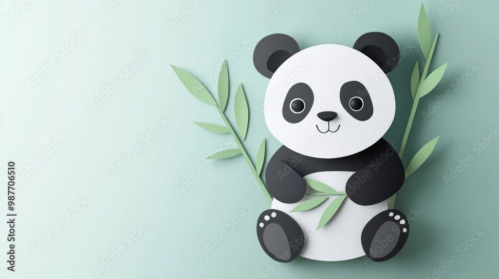 Panda with bamboo paper cut on white background ideal for wildlife-themed children’s book illustrations or nature visuals Panda with bamboo paper cut on white background ideal for wildlife-themed children’s book illustrations or nature visuals