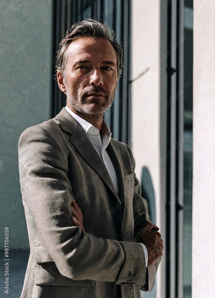 The Experienced Executive: A portrait of a seasoned businessman in a modern urban setting, his confident gaze and crossed arms reflecting authority and experience. The Experienced Executive: A portrait of a seasoned businessman in a modern urban setting, his confident gaze and crossed arms reflecting authority and experience.