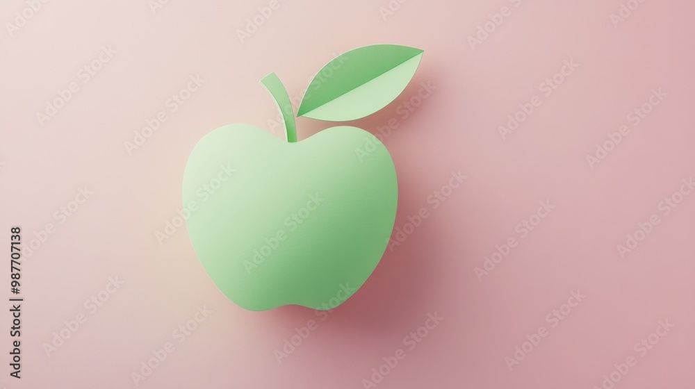 Minimalist green apple paper cut on soft pink background fun fruity theme great for children's book illustration
