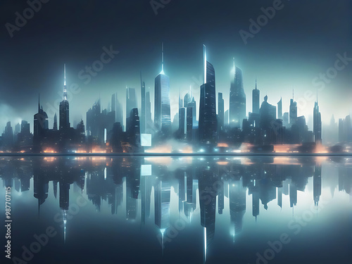 Future city skyline reflected on water surface