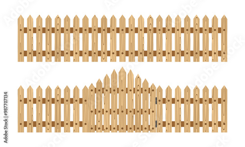 wooden fence with wood grain and gate. vector illustration isolated on white background.