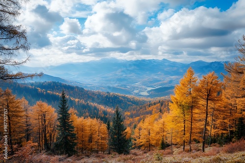 Golden Autumn Mountain Landscape With Cloudy Sky and View