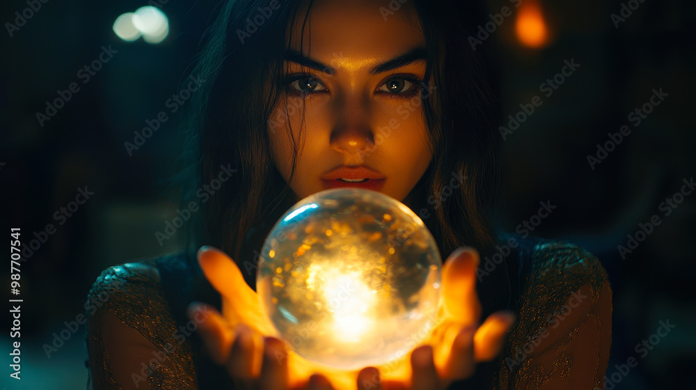Naklejka premium Mystical Fortune Teller Gazes into Glowing Orb at Night, Captivating Expression, Dark Enchanted Setting, Predicting Future