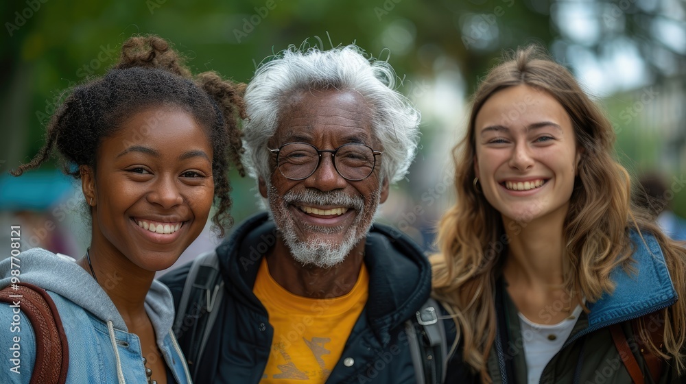 A joyful group portrait of three people smiling outdoors. A joyful group portrait of three people smiling outdoors.