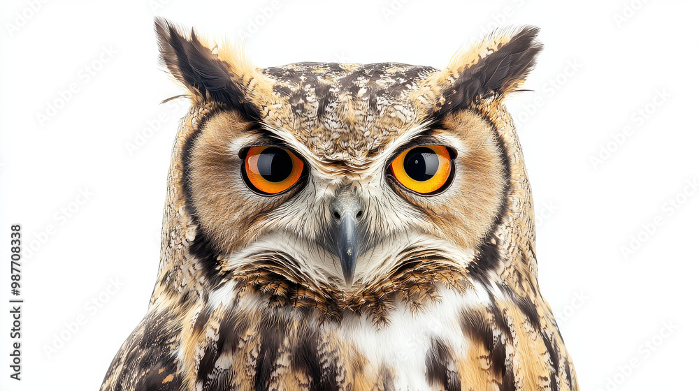 Fototapeta premium An owl with sharp focus on one vivid orange eye, while the rest of the face is blurred, set against a white background, creating an enigmatic and artistic photograph.