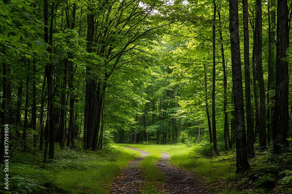 Obraz premium Sunlight filtering through trees in a lush green forest with dirt path