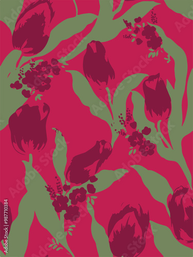 Cute hand drawn abstract flowers print. Modern cartoon style pattern. Fashionable template for design. Pink flower pattern, with blue backgrounds, vibrant acrylic colors brush strokes, vibrant florals