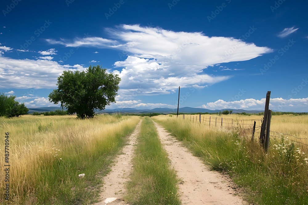 Scenic Country Road with Tree and Mountains in the Distance Scenic Country Road with Tree and Mountains in the Distance