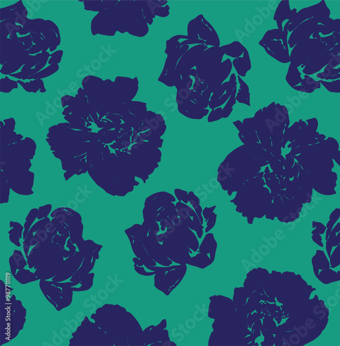 Cute hand drawn abstract flowers print. Modern cartoon style pattern. Fashionable template for design. Pink flower pattern, with blue backgrounds, vibrant acrylic colors brush strokes, vibrant florals