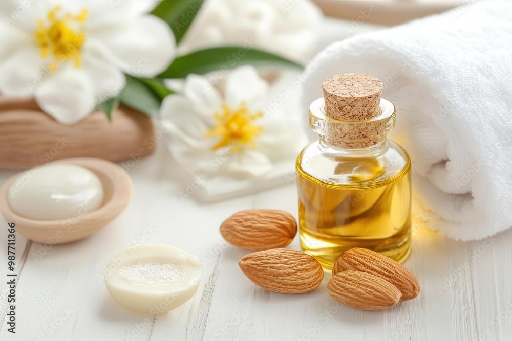 Spa treatment with almond oil, flowers, and towel. Spa treatment with almond oil, flowers, and towel.