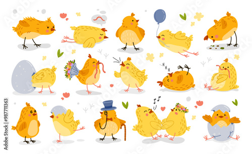 Cartoon funny chick characters, cute Easter bird baby vector set. Kawaii little chicken personages hatch from egg shell, wear gentleman attire, prepare to fight, sleeping, peck the grains and chirping