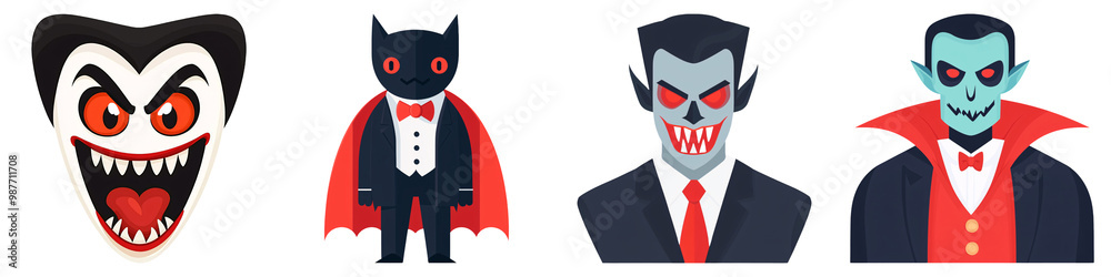 A colorful illustration featuring various vampire characters, showcasing playful and sinister designs ideal for Halloween themes. A colorful illustration featuring various vampire characters, showcasing playful and sinister designs ideal for Halloween themes.